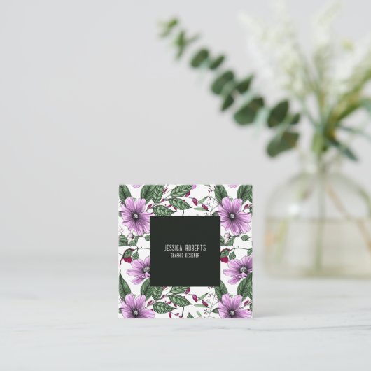 ラベンダーの花と緑の葉継ぎ目のパター スクエア名刺 (スタンド正面)