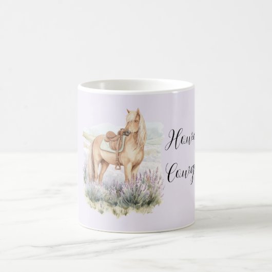 ラベンダーの花と馬のカウガール コーヒーマグカップ (中央)