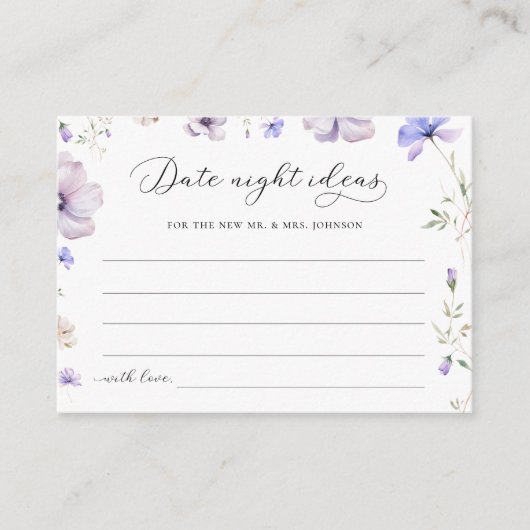 ラベンダーの花のデートナイトのアイデア ブライダルシャワー エンクロージャーカード (正面)