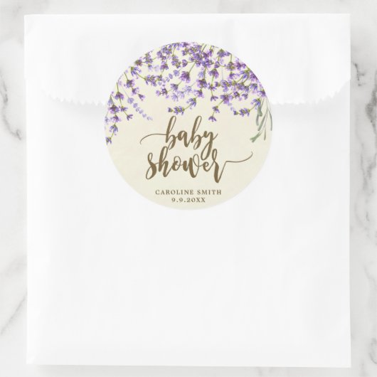 ラベンダーの花のベビーシャワーはステッカーを支持します ラウンドシール (バッグ)