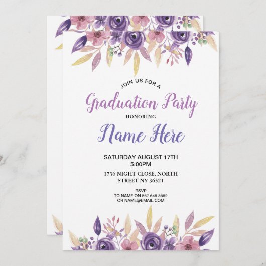 ラベンダーの花の卒業パーティーの招待の花 招待状 (正面/裏面)