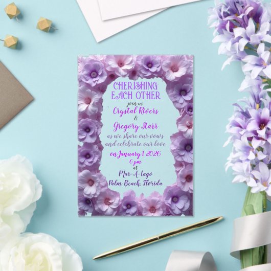 ラベンダーの花の枠を互いに大切にする アクリル招待状 (インサイチュ (ウェディング))