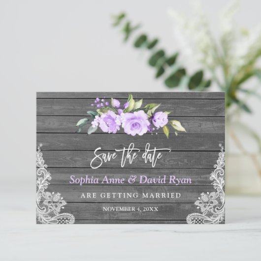 ラベンダーの花の納屋の木のレースのウェディング セーブザデート (スタンド正面)