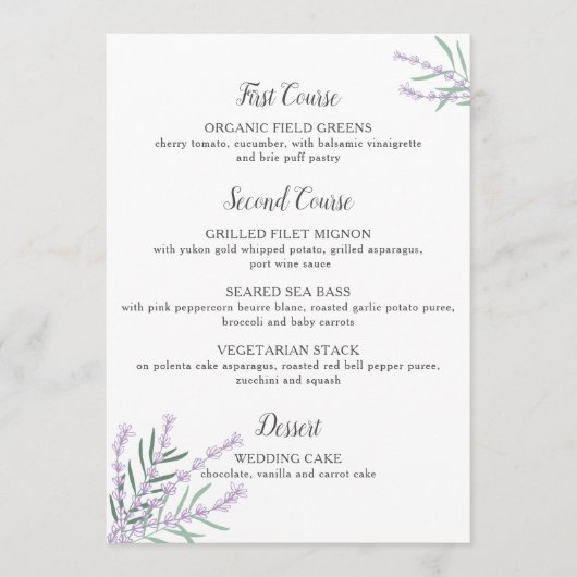 ラベンダーの花の結婚式メニュー メニュー (正面)