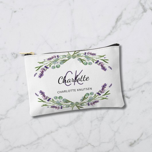ラベンダーの花の緑の名前モノグラム アクセサリーポーチ