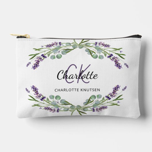 ラベンダーの花の緑の名前モノグラム アクセサリーポーチ (正面)
