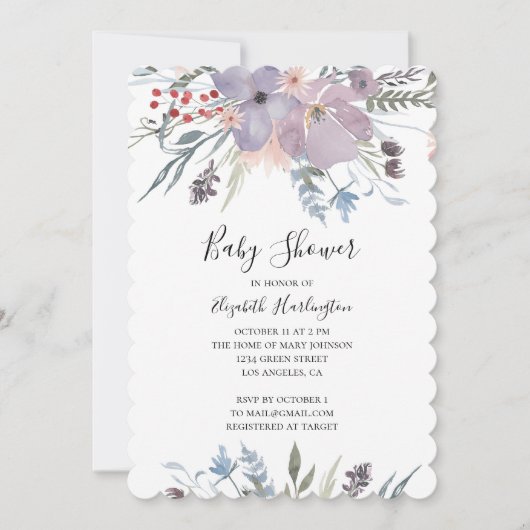 ラベンダーの花の赤ちゃんシャワー。サマーパープルフローラ 招待状 (正面)