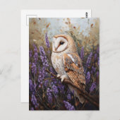 ラベンダーの花の間に浮かぶフクロウ ポストカード (正面/裏面)