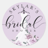 ラベンダーの花をあしらった白のウェディングドレス　ブライズシャワー ラウンドシール (正面)