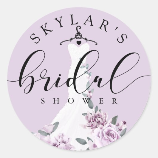 ラベンダーの花をあしらった白のウェディングドレス　ブライズシャワー ラウンドシール (正面)