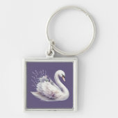 ラベンダーの花を添えた水彩のスワン キーホルダー (正面)
