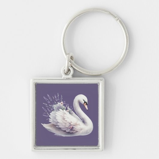 ラベンダーの花を添えた水彩のスワン キーホルダー (正面)