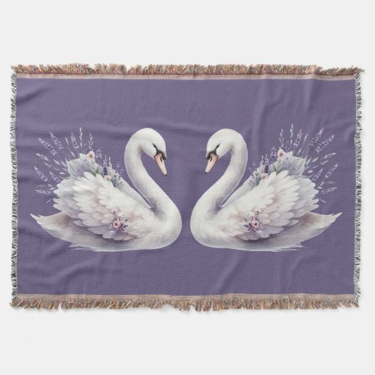 ラベンダーの花を添えた水彩のスワン スローブランケット (正面)