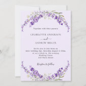 ラベンダーの花を飾った紫色のイブニングウェディング 招待状 (正面)