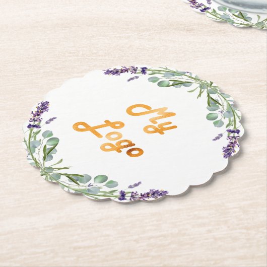 ラベンダーの花ユーカリの緑のビジネスロゴ ペーパーコースター (アングル)