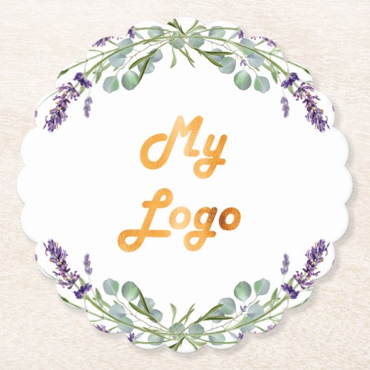 ラベンダーの花ユーカリの緑のビジネスロゴ ペーパーコースター (正面)