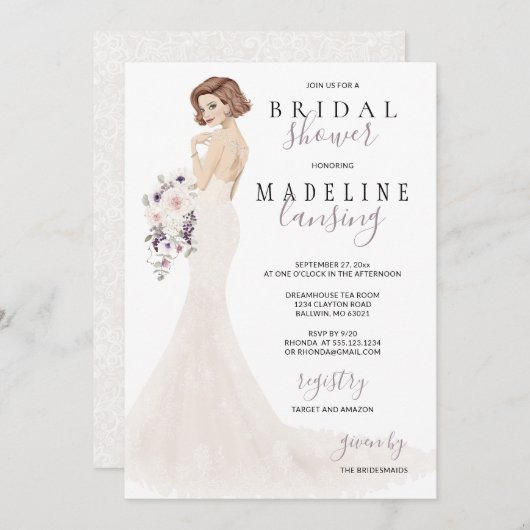 ラベンダーの花嫁のレースの結婚前パーティー 招待状 (正面/裏面)