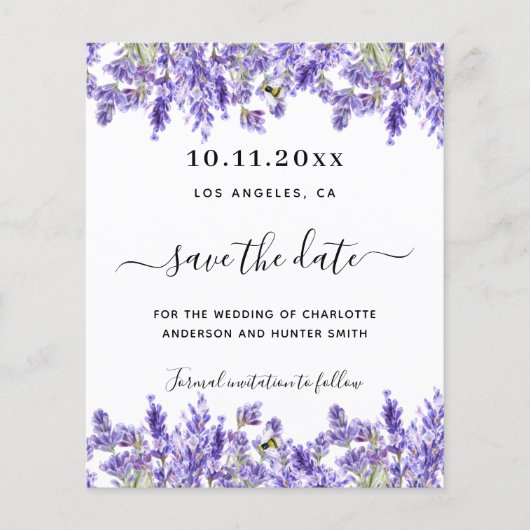 ラベンダーの花模様ウェディングは日付カードを保存 (正面)