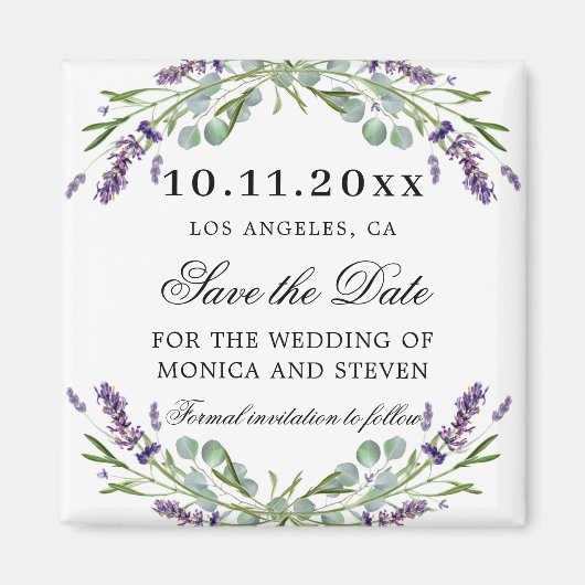 ラベンダーの花模様ウェディング日付磁石を保存 マグネット (正面)