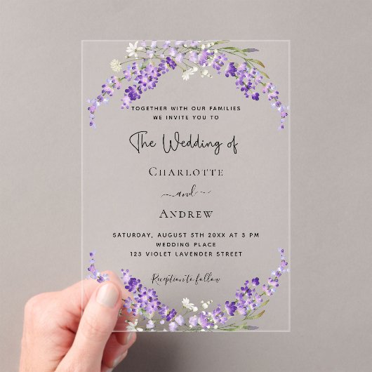 ラベンダーの花結婚紫色澄んの アクリル招待状 (インサイチュ (ポータブル))