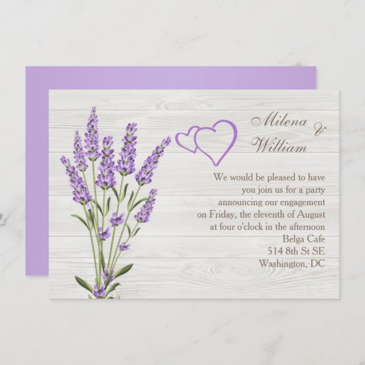 ラベンダーの花、ハートオン木材婚約パーティ 招待状 (正面/裏面)