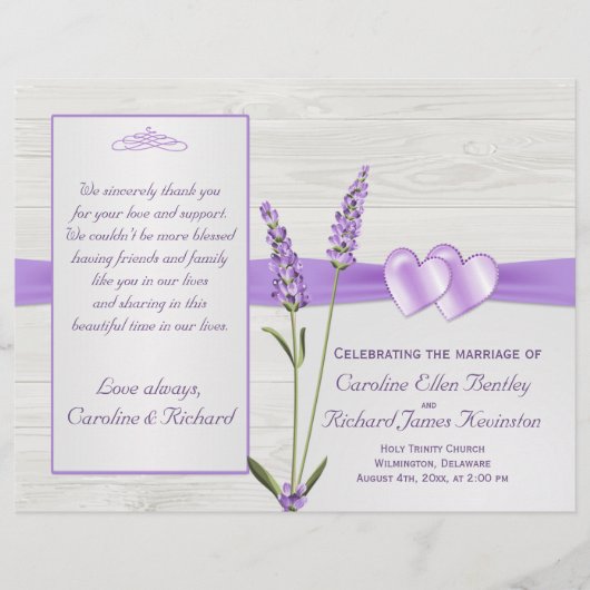 ラベンダーの花、ハートオン木材結婚式 プログラム (正面)