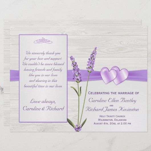 ラベンダーの花、ハートオン木材結婚式 プログラム (正面/裏面)