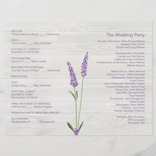 ラベンダーの花、ハートオン木材結婚式 プログラム (裏面)