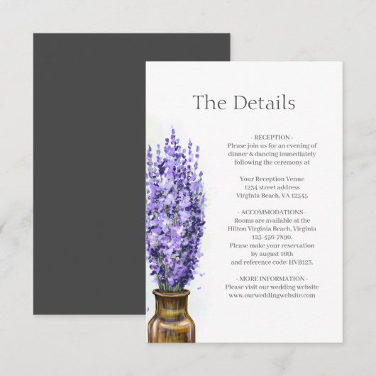 ラベンダーの花 現代の花のウェディング ディテール エンクロージャーカード (正面/裏面)