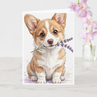 ラベンダーの茎を持つコーギーの子犬 カード