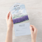 ラベンダーの草原の水彩画 山の結婚式 オールインワン招待状 (貼ってはがせる)