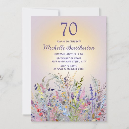 ラベンダーの野の花 女性 70歳の誕生日 招待状 (正面)
