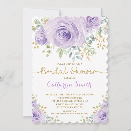 ラベンダーの金ゴールドの水彩画の花柄のばら色のブライダルシャワー 招待状 (正面)