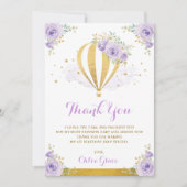 ラベンダーの金ゴールドの花の熱気の気球の誕生日 サンキューカード (正面)