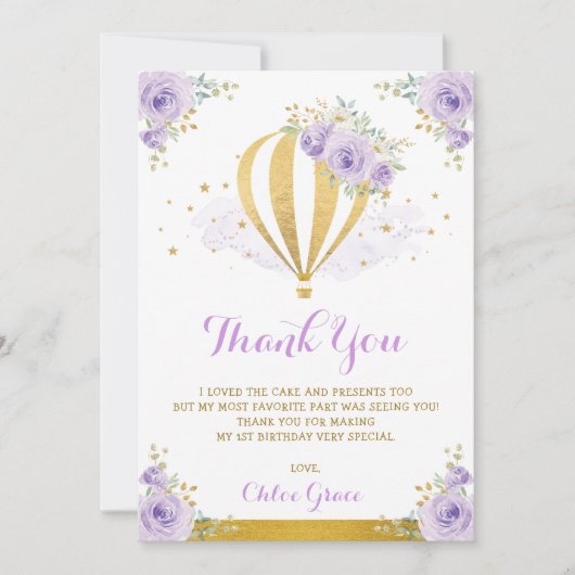 ラベンダーの金ゴールドの花の熱気の気球の誕生日 サンキューカード (正面)