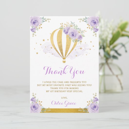 ラベンダーの金ゴールドの花の熱気の気球の誕生日 サンキューカード (スタンド正面)