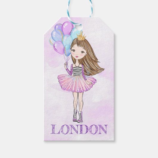 ラベンダーの風船の誕生日ガール プリンセス ギフトタグ (正面)