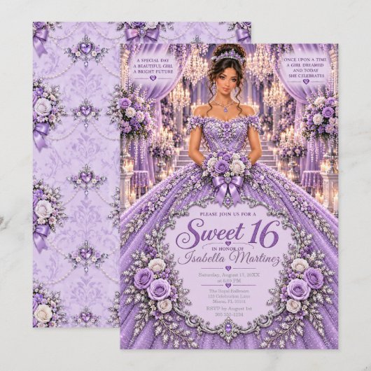 ラベンダーのSweet 16お祝い 招待状 (正面/裏面)