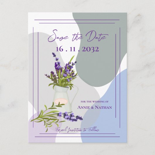 ラベンダーをテーマにした可愛かわいらしいフローラ結婚ズ 案内ポストカード (正面)