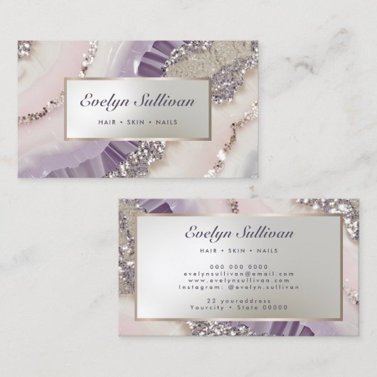 ラベンダーアイボリー銀グリッターマーブル名刺 名刺 (正面/裏面)