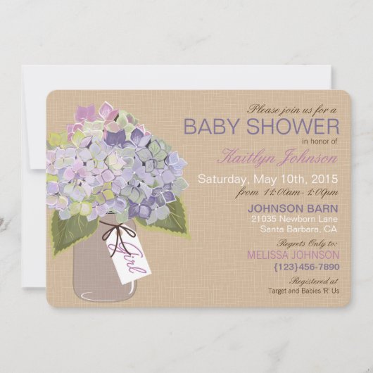 ラベンダーアジサイMason Jarベビー素朴シャワー 招待状 (正面)