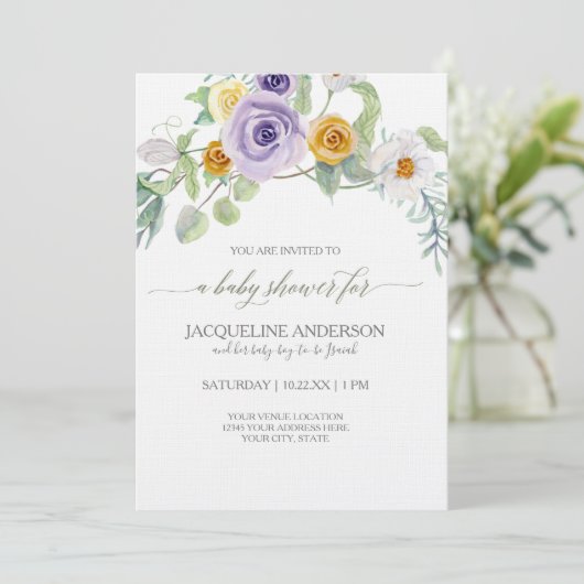 ラベンダーアンバーバラフローラベビーシャワーウッドボード 招待状 (スタンド正面)