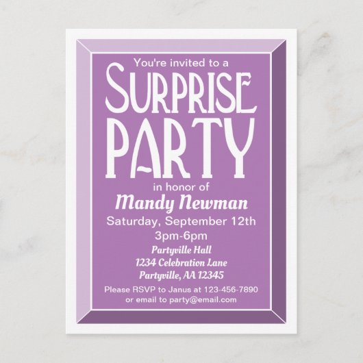 ラベンダーアールデコ誕生日サプライズパーティー インビテーションポストカード (正面)