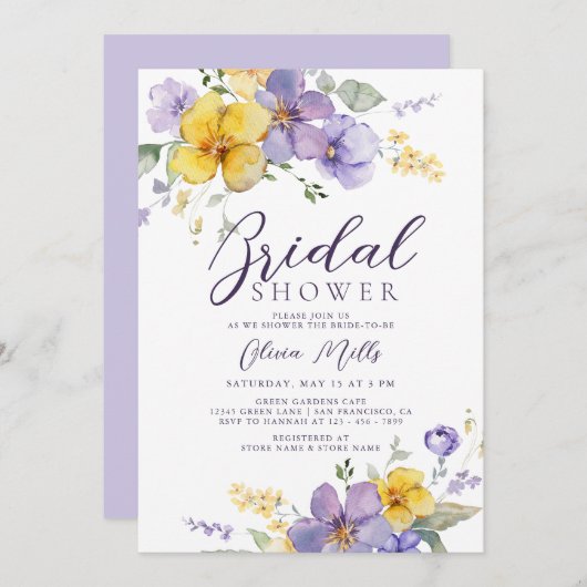 ラベンダーイエローダスティパープルフローラブライダルシャワー 招待状 (正面/裏面)