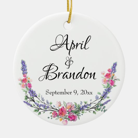 ラベンダーイエローピンクのバラとユーカリ セラミックオーナメント (正面)