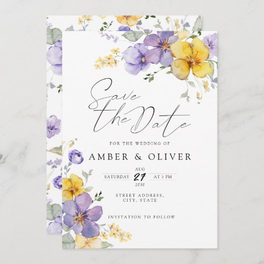 ラベンダーイエローフローラ保存日付招待状 招待状 (正面/裏面)