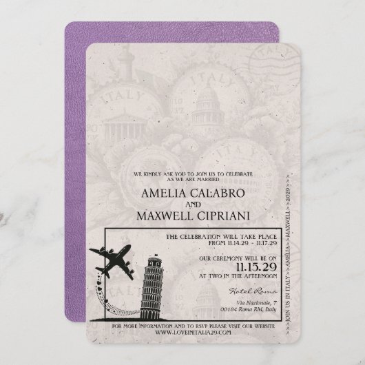 ラベンダーイタリアパスポート結婚式招待状 招待状 (正面/裏面)