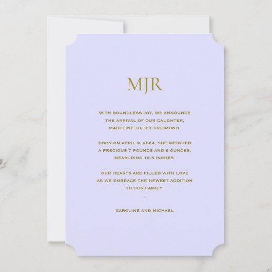 ラベンダーイニシャルガール誕生 案内状 (正面)