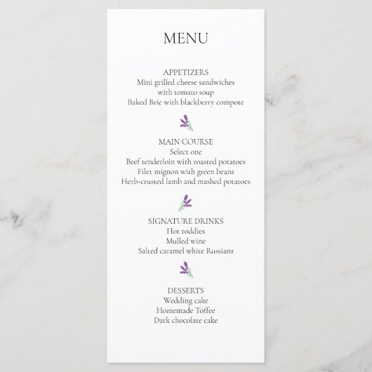 ラベンダーウェディングエレガントレセプションメニューカード メニュー (正面)