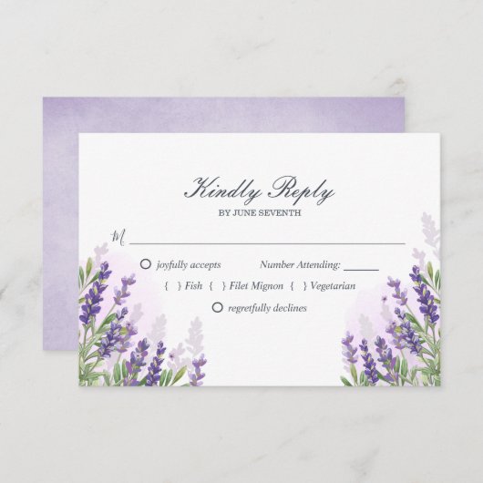 ラベンダーウェディングRSVPカードパープルパステルフローラ 出欠カード (正面/裏面)